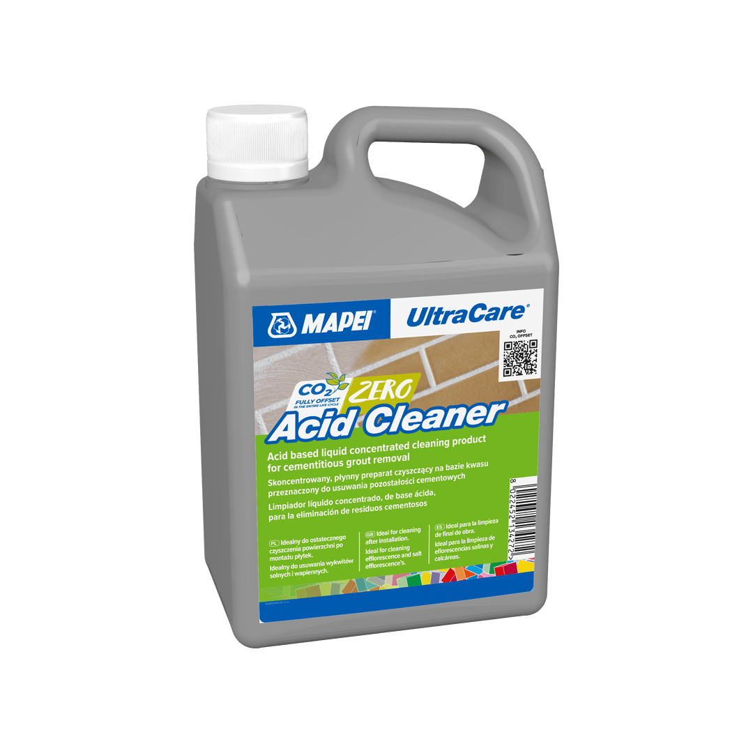 Plastic bottle of MAPEI UltraCare CO2 Zero Acid Cleaner for grout removal.