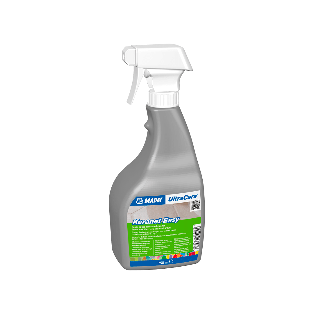 Spray bottle of MAPEI UltraCare KeraNet Easy cleaner on a dark background.