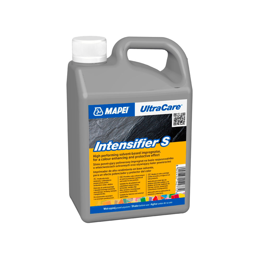Plastic jug of MAPEI Ultracare Intensifier S, a solvent-based impregnator for enhancing stone color.
