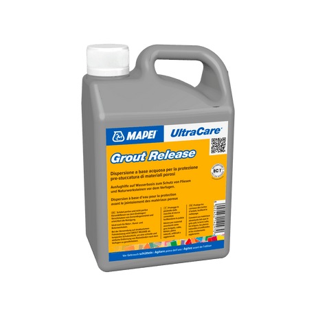 A canister of MAPEI UltraCare Grout Release product with brand logo and descriptions.