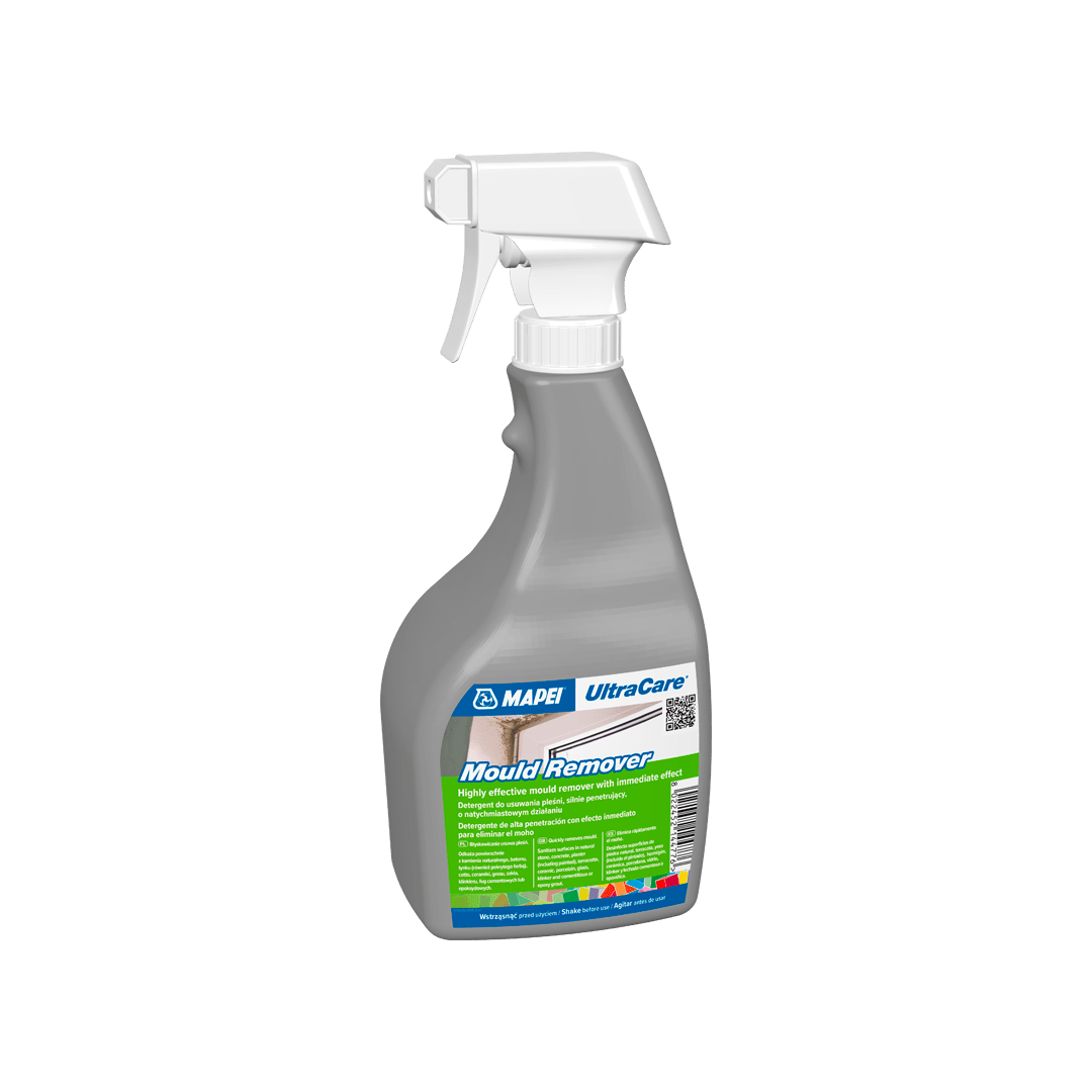 Bottle of MAPEI UltraCare Mould Remover with a spray nozzle, against a dark background.