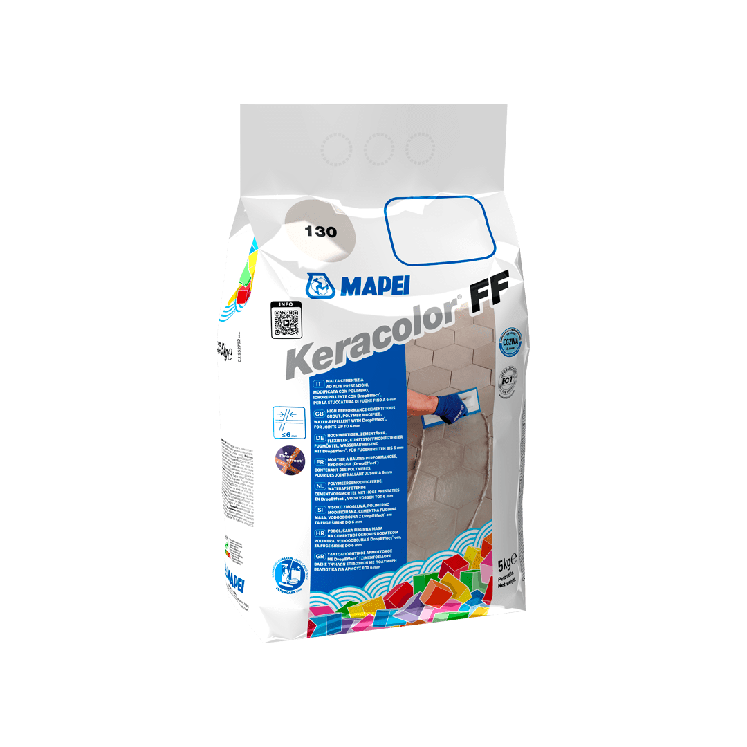 Bag of Mapei Keracolor FF grout with product information and application image.