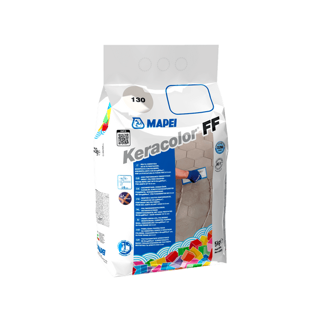 Bag of Mapei Keracolor FF grout with product information and application image.