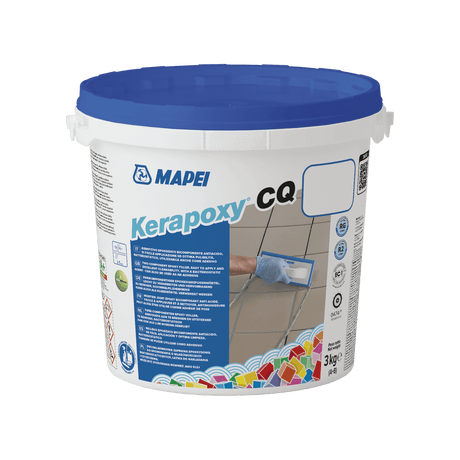 Bucket of MAPEI Kerapoxy CQ epoxy grout with blue lid on white background.