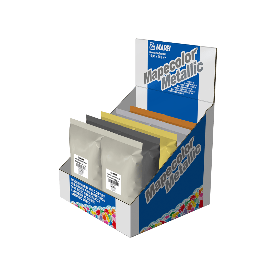 Box of Mapei Mapelcolor Metallic powder packets with branding on display.