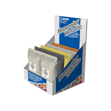 Box of Mapei Mapelcolor Metallic powder packets with branding on display.