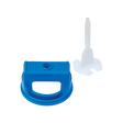 A blue plastic cable clip with a white nail attached on a striped background.