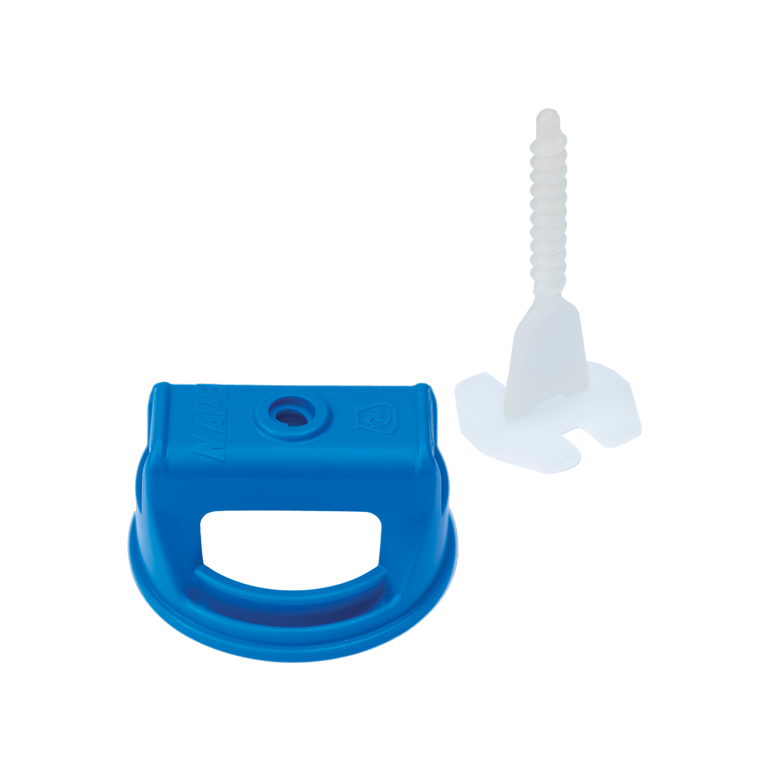 A blue plastic cable clip with a white nail attached on a striped background.