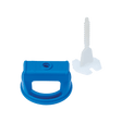 A blue plastic cable clip and a white screw anchor on a black background.