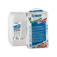 Two containers of Mapelastic Turbo construction product, one bag, and one canister, against a white background.