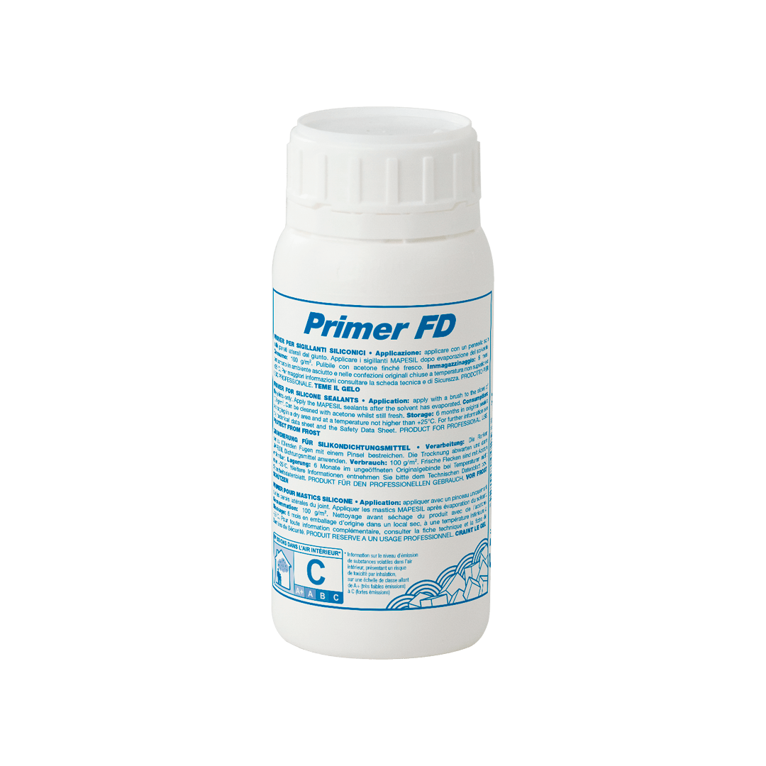 A white plastic bottle labeled "Primer FD" with blue text and graphics on a transparent background.