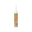Cartridge of Mapesil LM 100% silicone sealant with nozzle on white background.