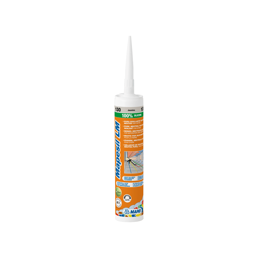 Cartridge of Mapesil LM 100% silicone sealant with nozzle on white background.