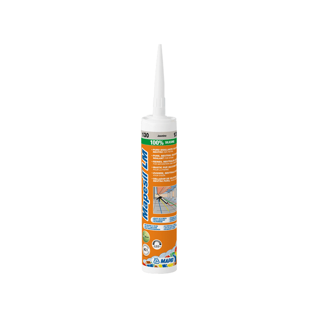 Cartridge of Mapesil LM 100% silicone sealant with nozzle on white background.