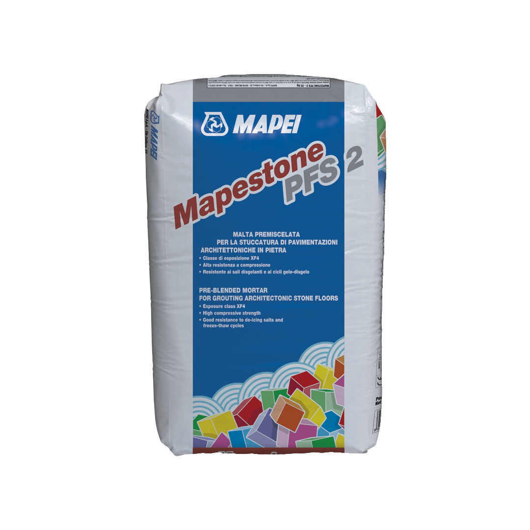 Bag of MAPEI Mapestone PFS 2 pre-blended mortar with product details and colorful design.