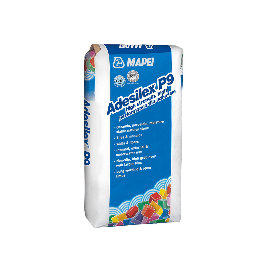 A package of MAPEI Adesilex P9 high-strength tile adhesive with product details.