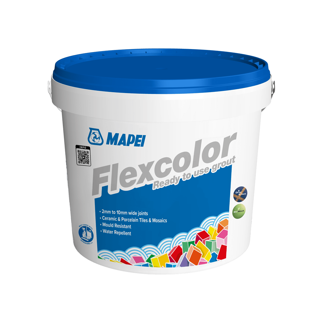 A bucket of MAPEI Flexcolor ready-to-use grout for tiles and mosaics.
