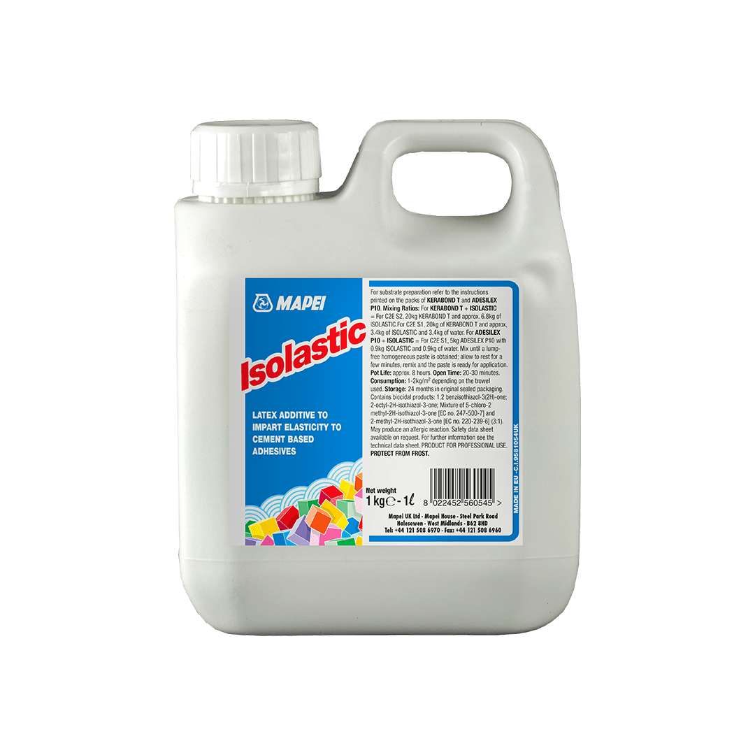 White plastic jug labeled Mapei Isolastic, latex additive to improve elasticity of cement adhesives.