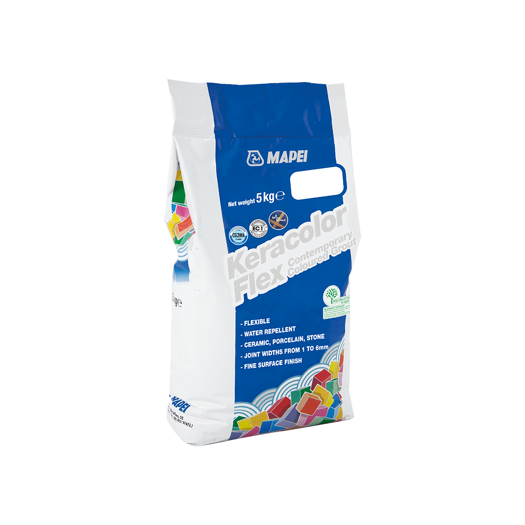 A 5kg bag of Mapei Keracolor Flex grout with product details on the packaging.