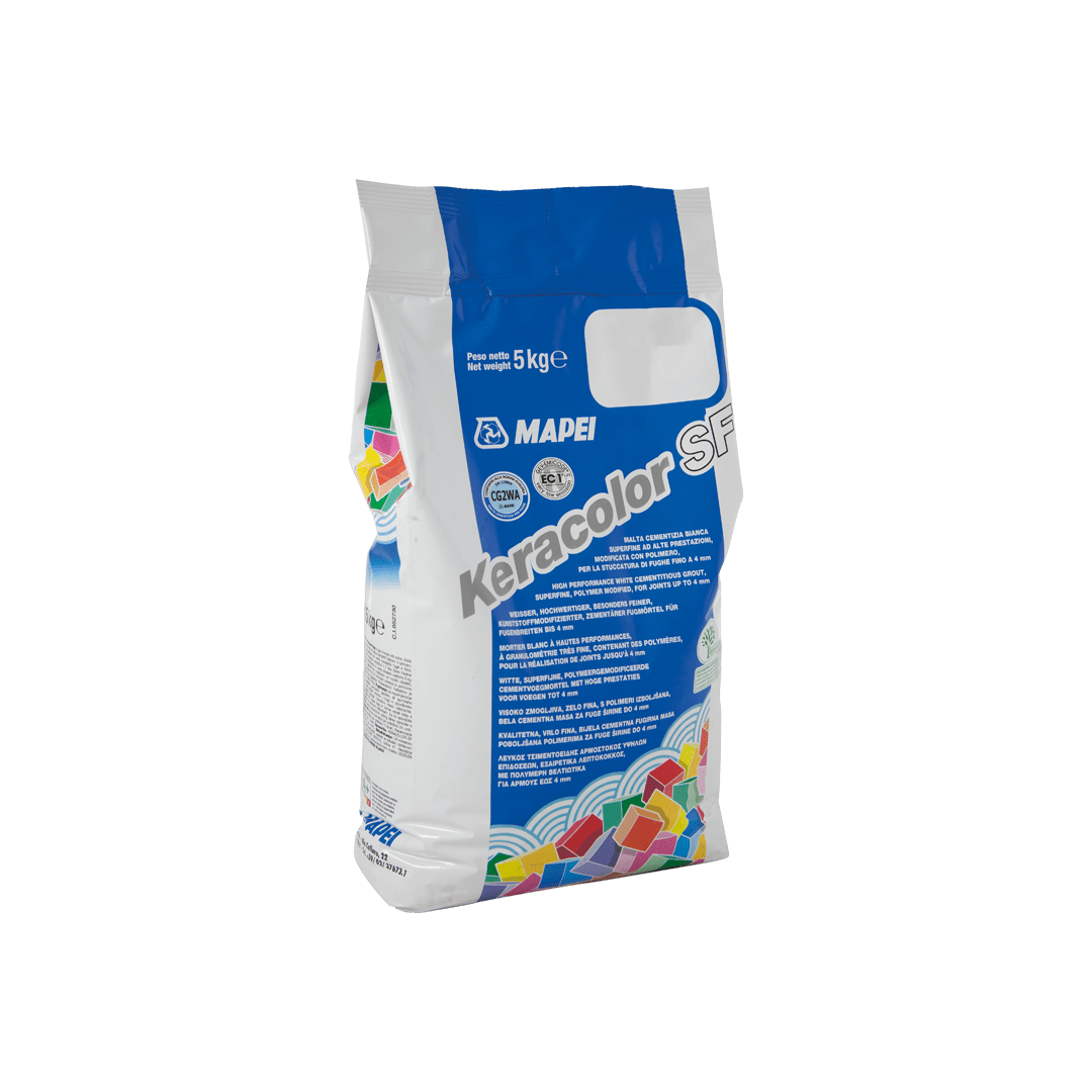 A 5kg bag of Mapei Keracolor SF grout on a plain background.