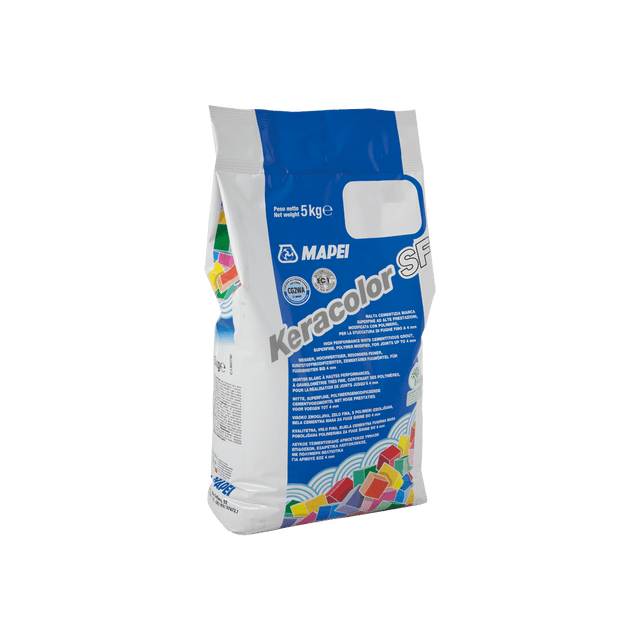 A 5kg bag of Mapei Keracolor SF grout on a plain background.