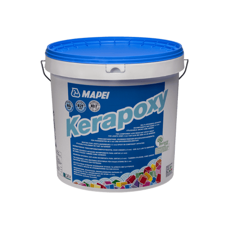 A plastic bucket of MAPEI Kerapoxy grout with a blue lid on a white background.