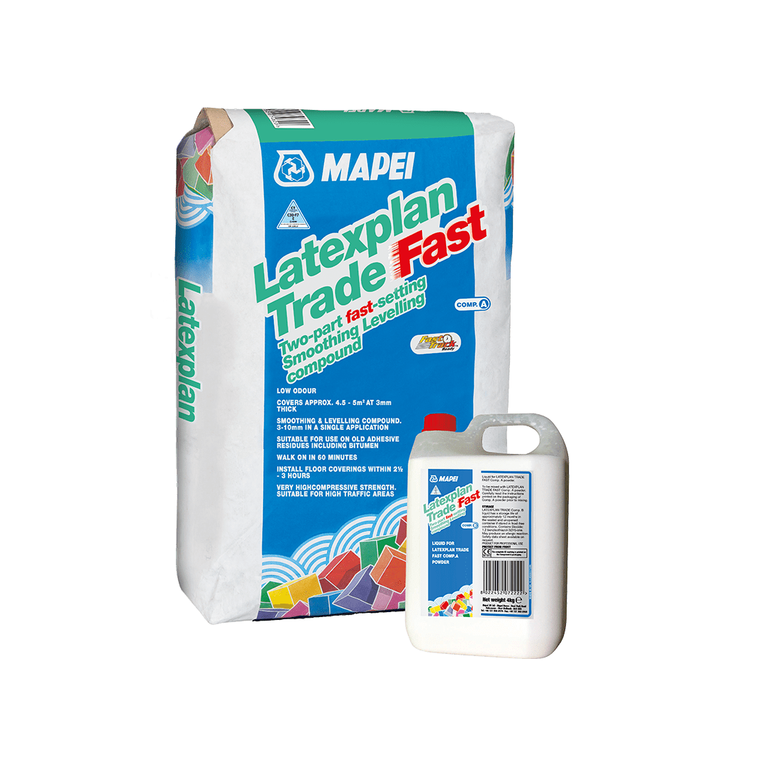 Mapei Latexplan Trade Fast smoothing and levelling compound bag and liquid bottle.