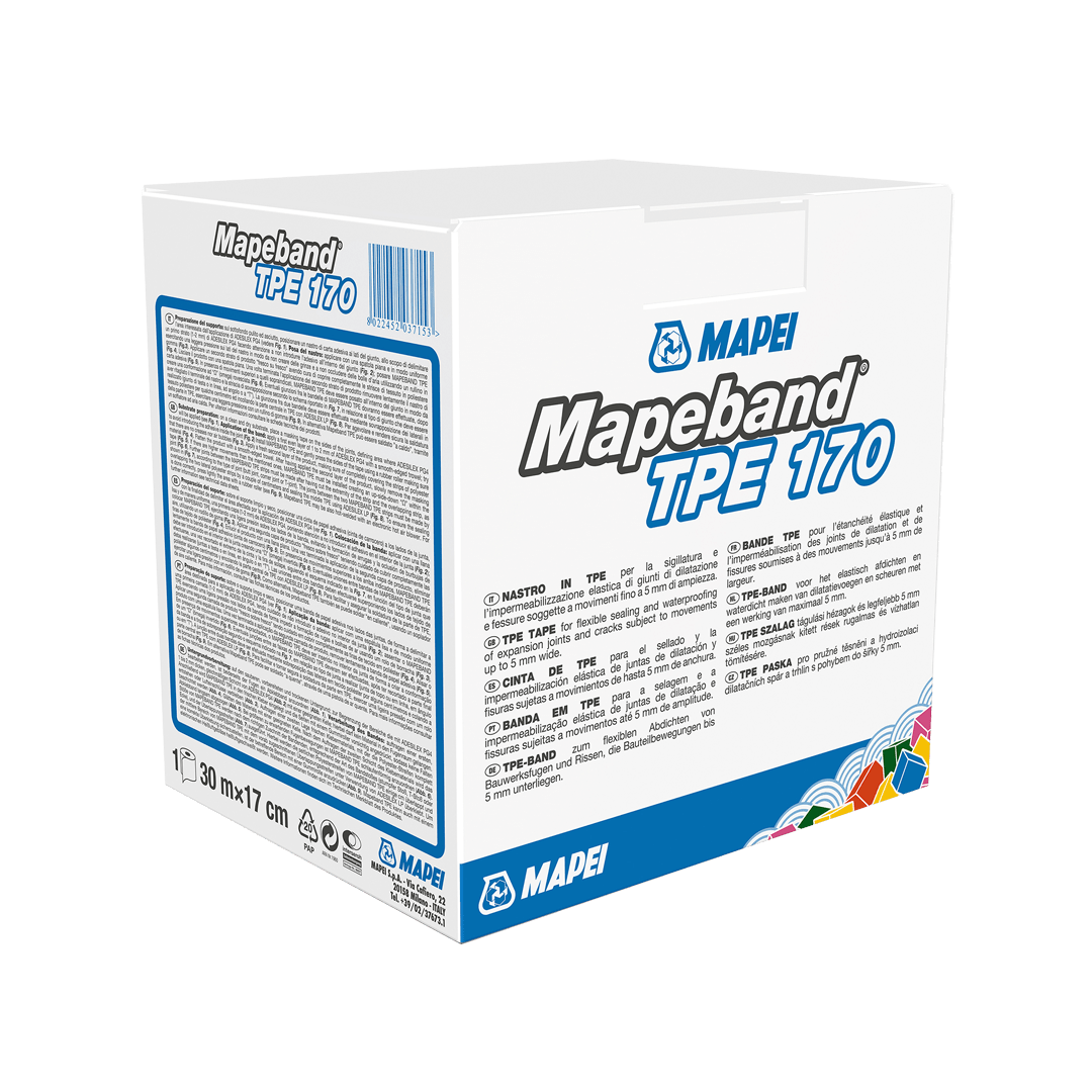Box of Mapeband TPE 170, a waterproofing tape, with product information and brand logo.