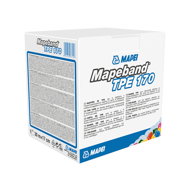 Box of Mapeband TPE 170, a waterproofing tape, with product information and brand logo.