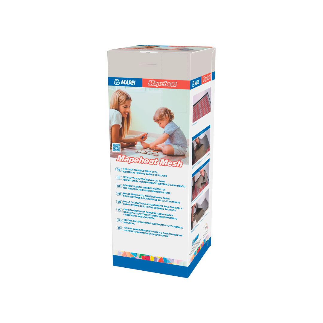 Mapeheat Mesh product box with an image of a woman and child, brand logos, and text details.