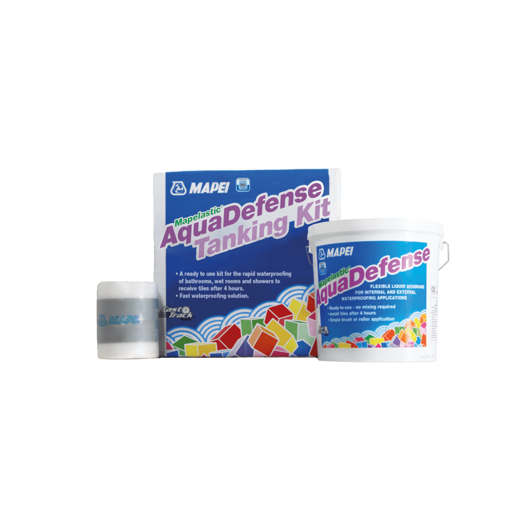 MAPEI Aqua Defense Tanking Kit with a blue box, a bucket, and a roll of fabric on a plain background.
