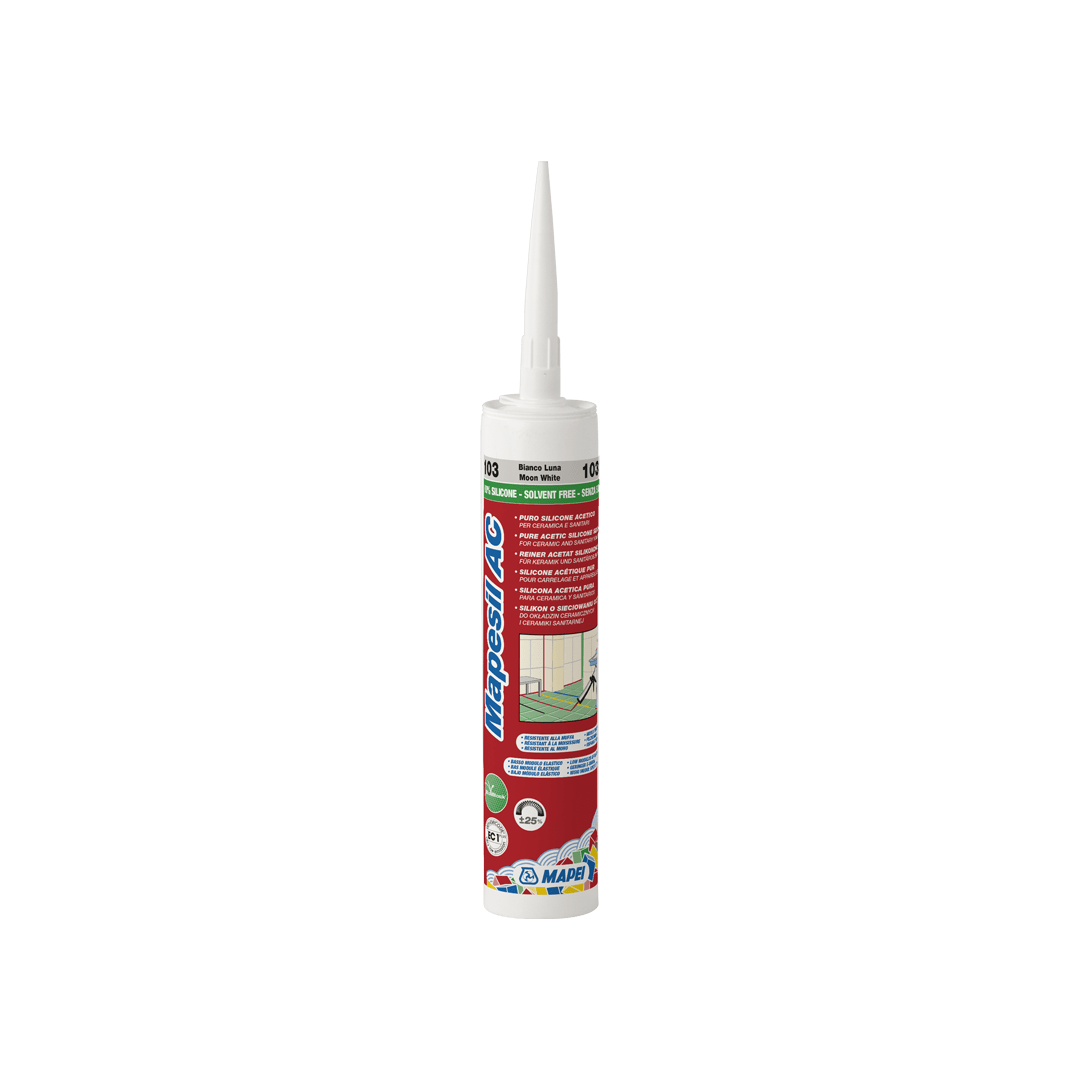 A cartridge of Mapei silicone sealant against a white background.