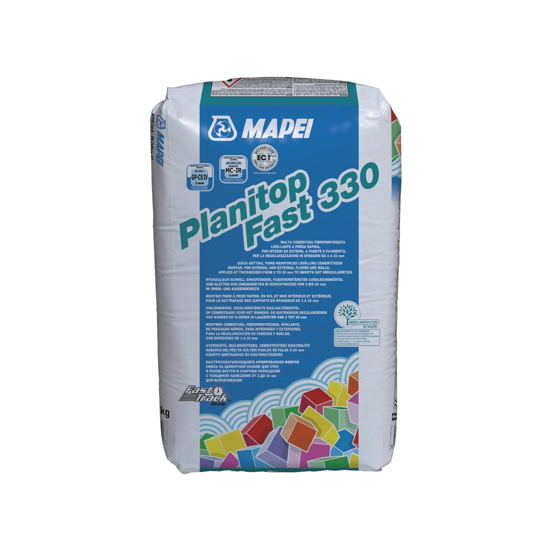 Bag of Mapei Planitop Fast 330 quick-setting cement-based mortar on a plain background.