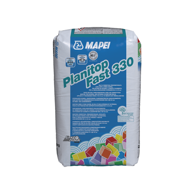 Bag of Mapei Planitop Fast 330 quick-setting cement-based mortar on a plain background.