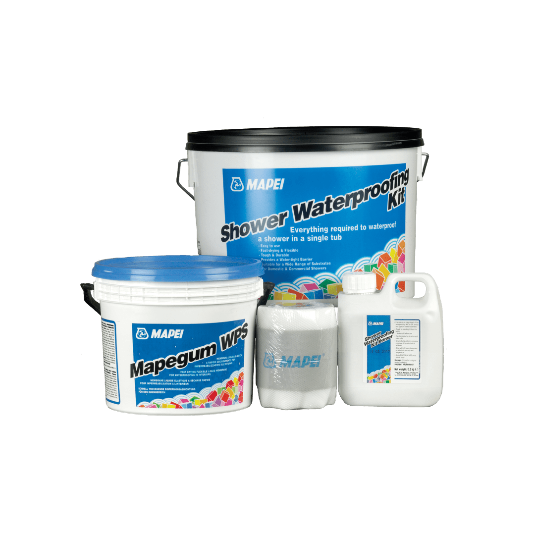Alt text: Mapei Shower Waterproofing Kit with products for sealing a shower displayed on a white background.