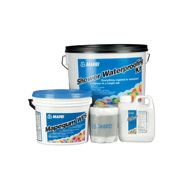 Alt text: Mapei Shower Waterproofing Kit with products for sealing a shower displayed on a white background.