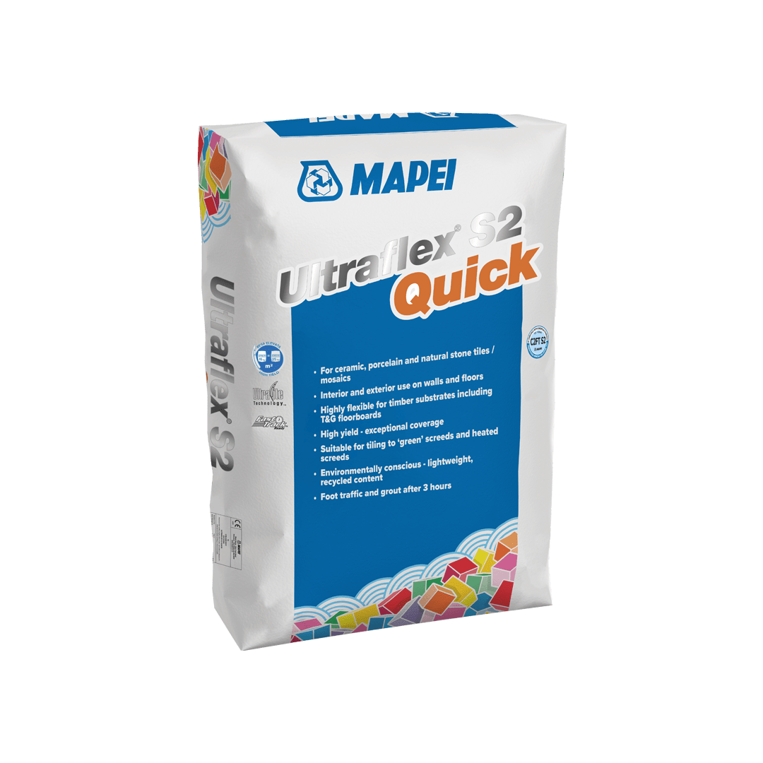 Bag of Mapei Ultralite S2 Quick tile adhesive with product details on packaging.
