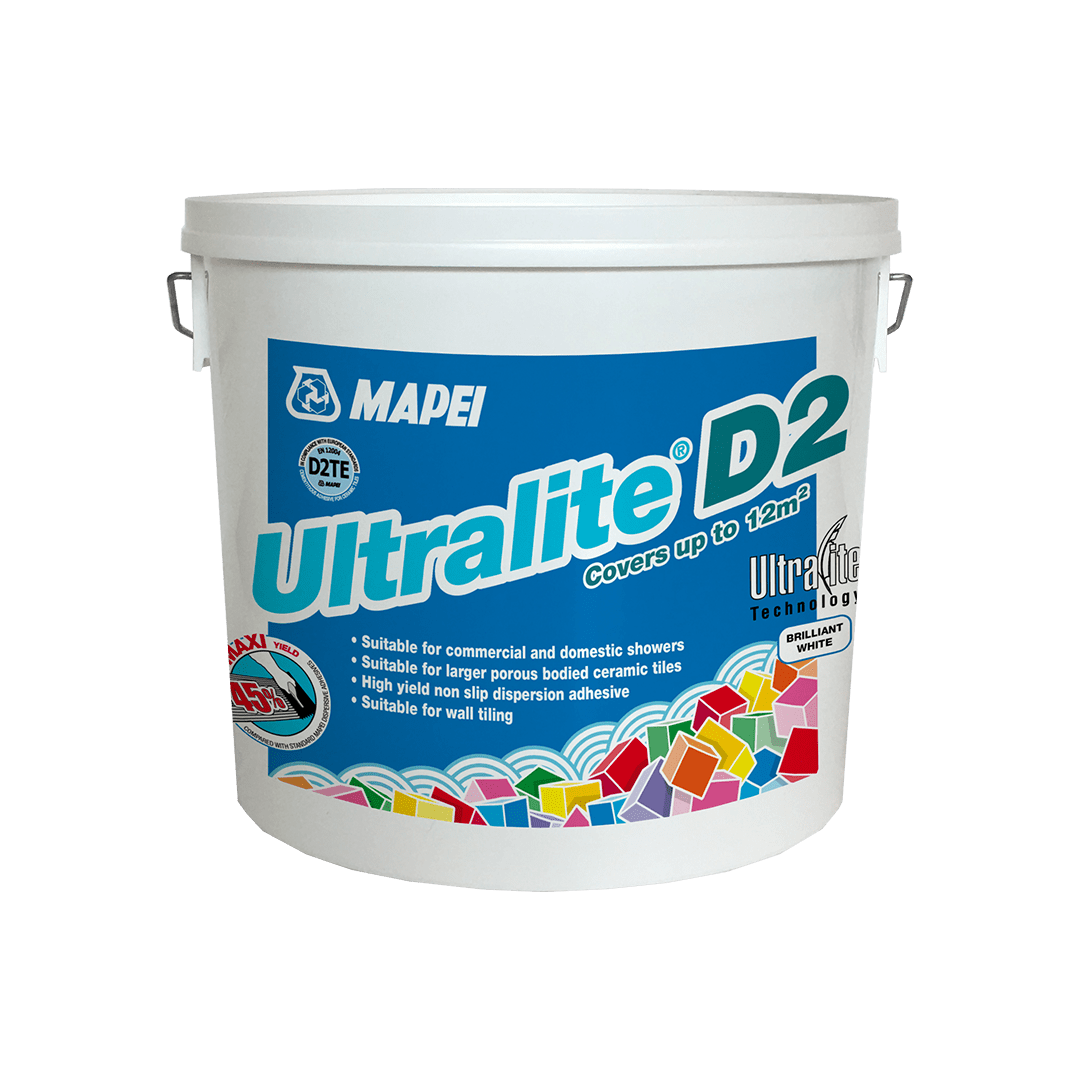 A white bucket of Mapei Ultralite D2 tile adhesive with product details.