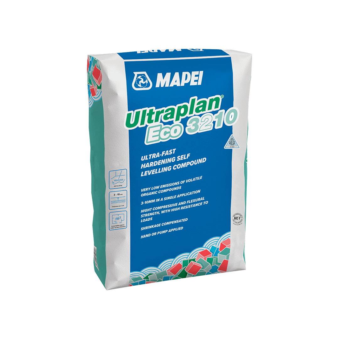Bag of Mapei Ultraplan Eco 3210 self-leveling compound on a white background.