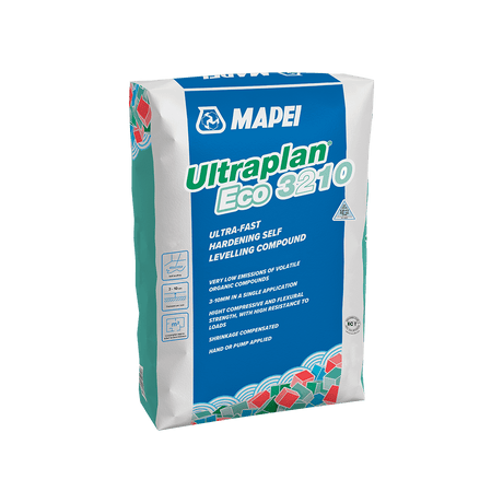 Bag of Mapei Ultraplan Eco 3210 self-leveling compound on a white background.