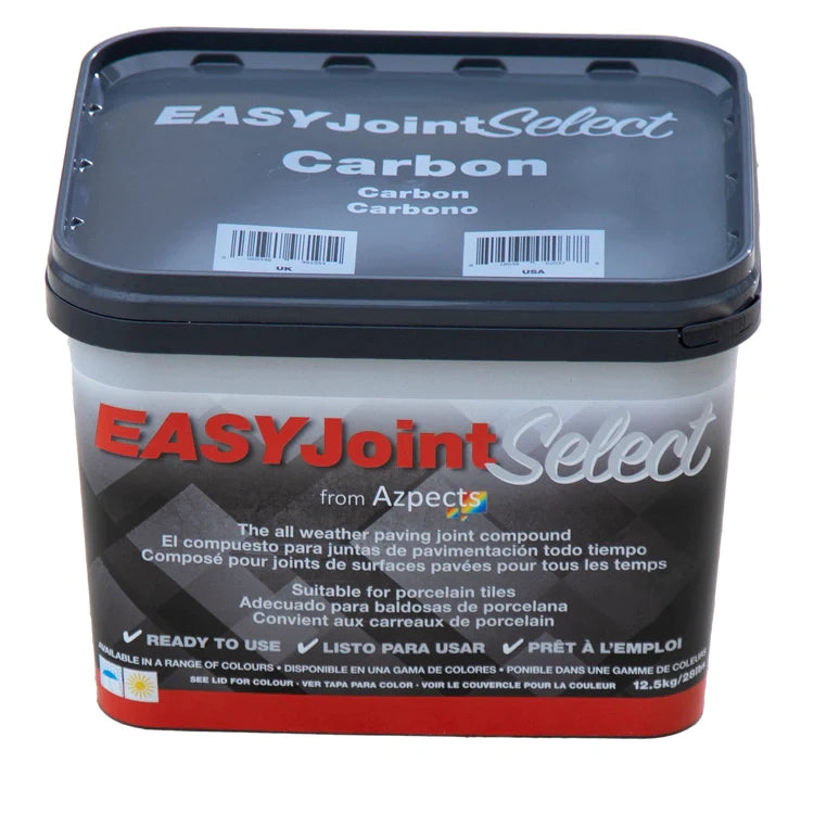 A container of EASYJoint Select Carbon paving joint compound with a color sample.
