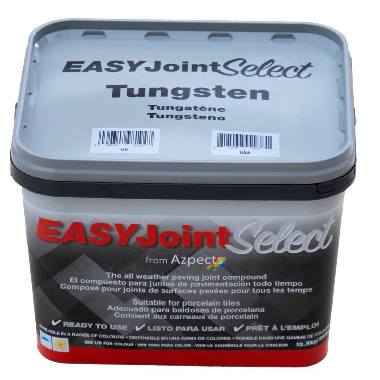 Container of EASYJoint Select all-weather paving joint compound in tungsten color, with a sample disc.