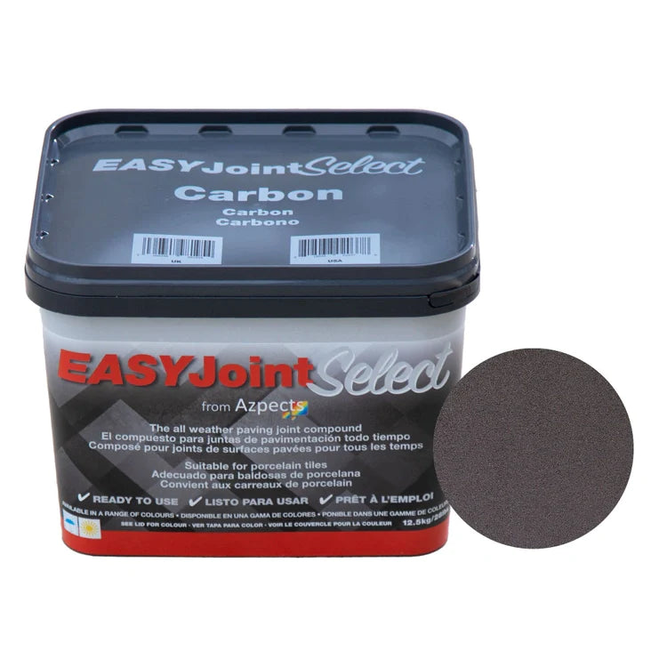 A container of EASYJoint Select Carbon paving joint compound with a color sample.