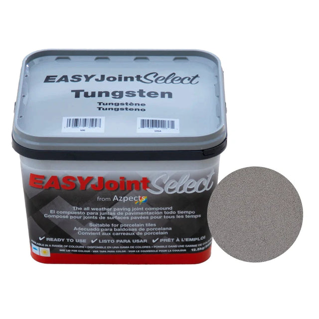 Container of EASYJoint Select all-weather paving joint compound in tungsten color, with a sample disc.