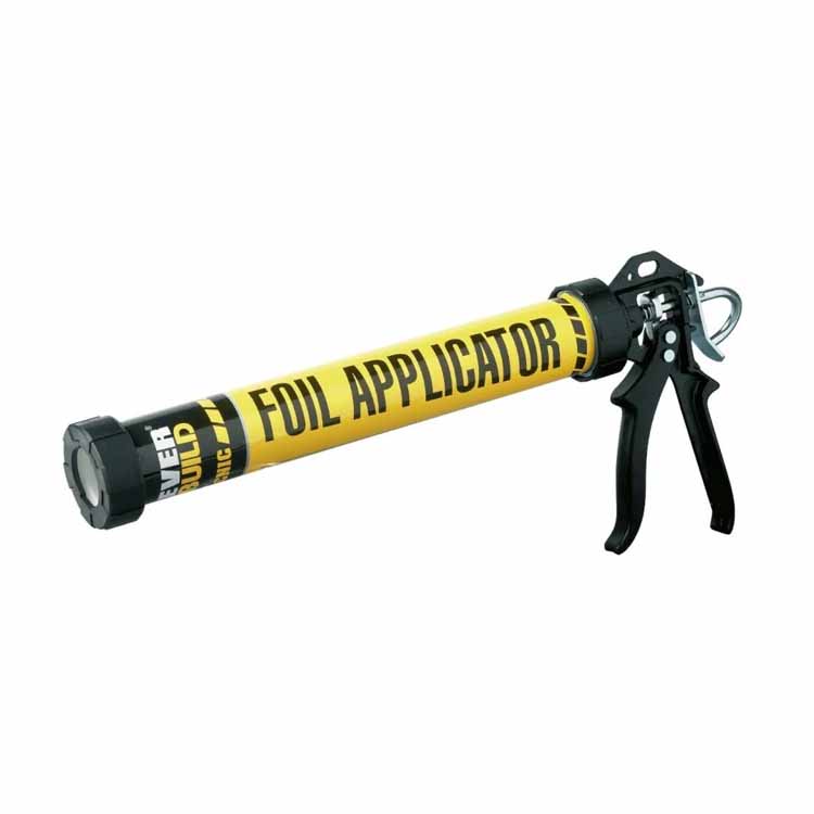 A black Power Pro caulking gun with a metal frame and trigger handle, isolated on a white background.