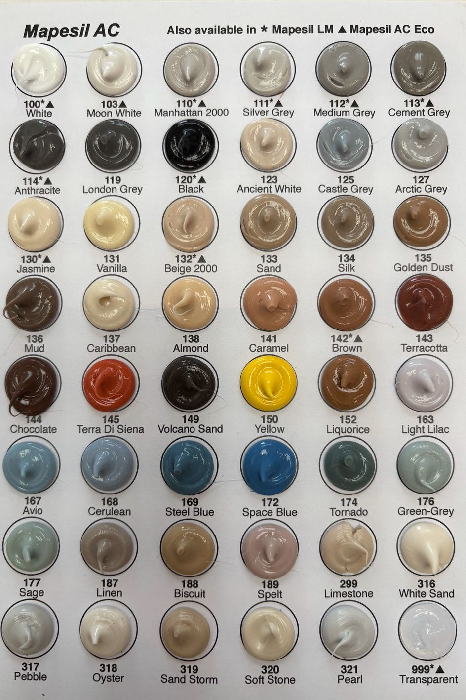 Mapei AC Colour Match Chart - High Elasticity - Non Staining