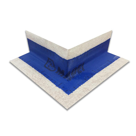 A blue and white folded waterproofing corner membrane on a white background.