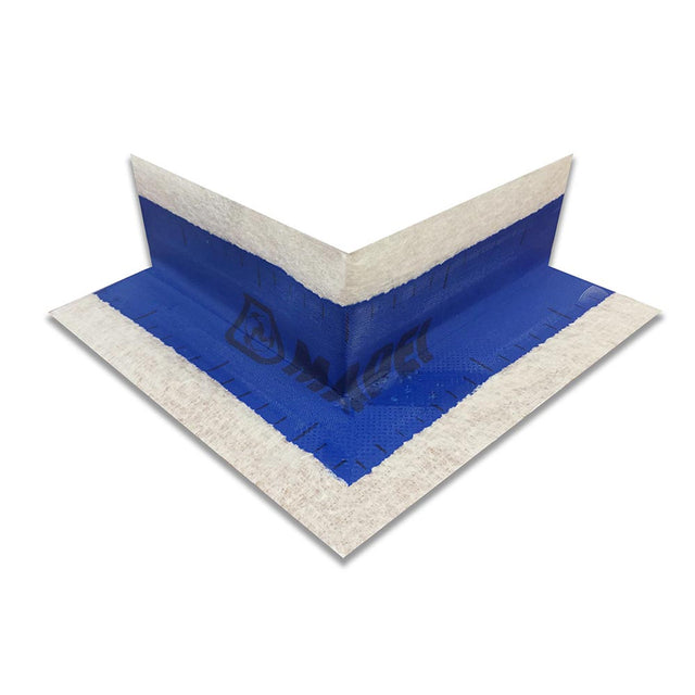 A blue and white folded waterproofing corner membrane on a white background.