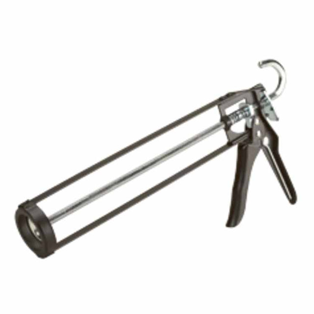 A red caulking gun with a silver trigger and push rod, typically used for sealing joints or seams in various structures and piping.