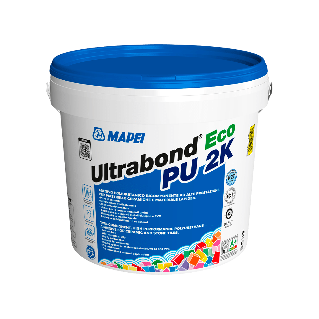 A bucket of Mapei Ultrabond Eco PU 2K high-performance polyurethane adhesive.